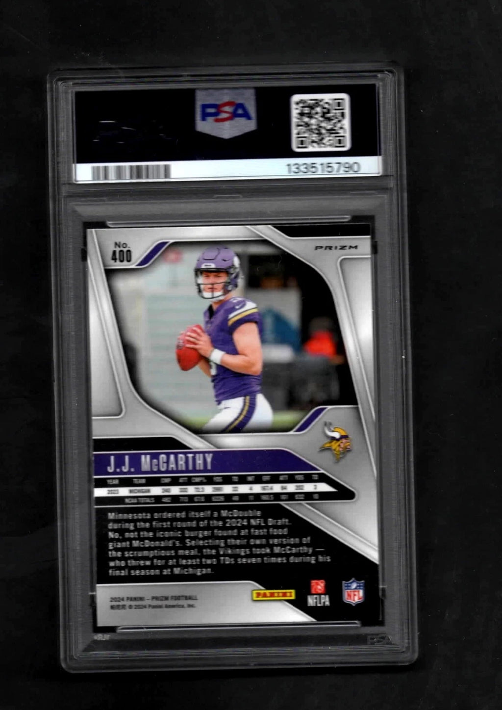 JJ MCCARTHY RC PSA 10 GM MNT 2024 Panini Prizm ORANGE LAZER PRIZM #400 VIKINGS
