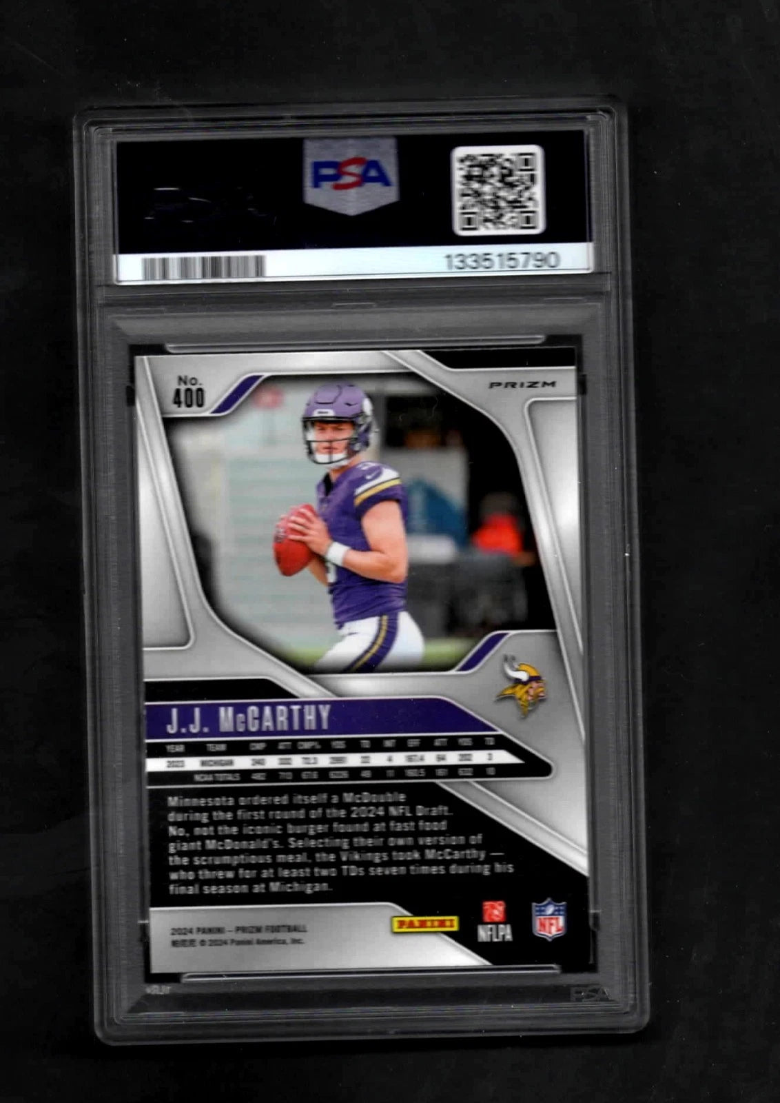 JJ MCCARTHY RC PSA 10 GM MNT 2024 Panini Prizm ORANGE LAZER PRIZM #400 VIKINGS