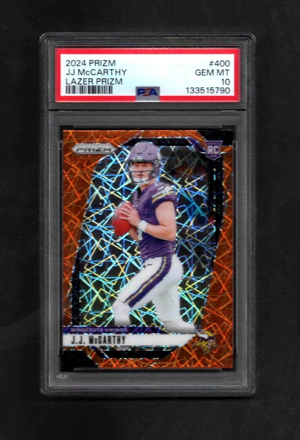 JJ MCCARTHY RC PSA 10 GM MNT 2024 Panini Prizm ORANGE LAZER PRIZM #400 VIKINGS